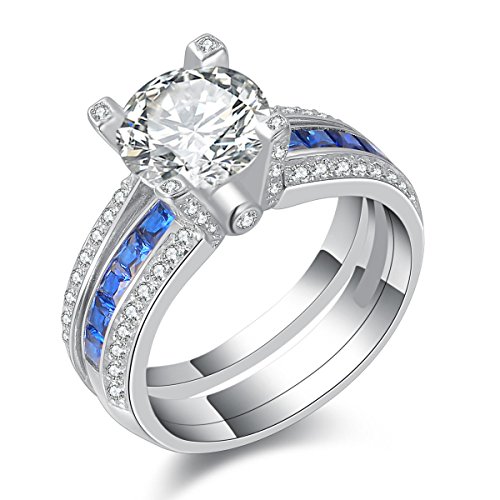 Newshe Jewellery Round Blue Cz 925 Sterling Silver Wedding Band Engagement Ring Sets Size 6