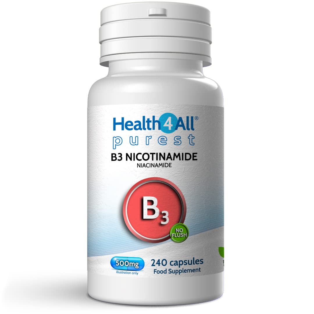 Health4All Vitamin B3 Niacin as Nicotinamide (Niacinamide) 500mg 240 Capsules, Purest, No Additives, Vegan, Gluten Free No-Flush Niacin VitB3 Capsules | Made in UK