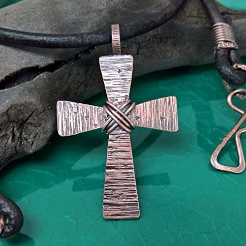 Mens Cross Necklace, Copper Cross Pendant on Leather Cord