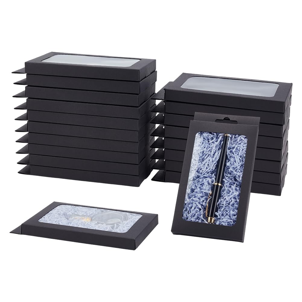 BENECREAT 20 Pack Kraft Paper Boxes with Clear Window 19.9x10.5x1.5cm Black Gift Packaging Boxes for Bakery Cookies Cake Candy Wedding Party Favors