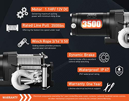 ZEAK 12V DC 3500 lb. ATV/UTV Electric Winch Kit, Steel Cable with Wireless Remote, Mini-Rocker, Bracket - Image 6