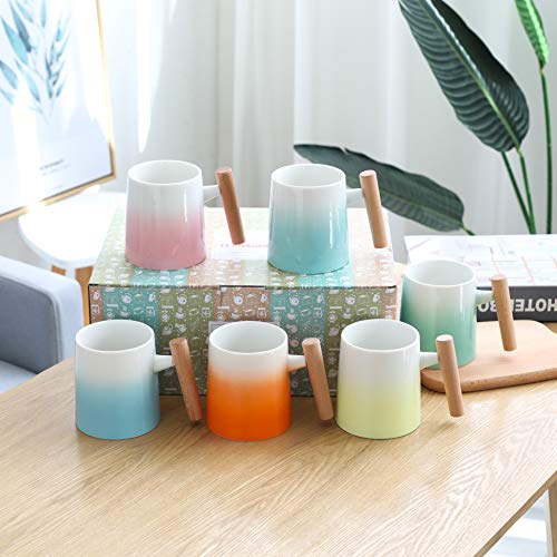 TEANAGOO MS026C Porcelain Mug with Wooden Handle - 16 Ounce for Coffee, Tea, Cocoa, Set of 6, Cold Assorted Colors