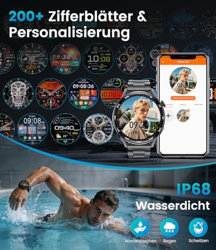 Smartwatch Herren mit Bluetooth Anrufen, 800mAh Akku 1.7" HD Bildschirm, 24/7 Herzfrequenzmessung Schlafanalyse SpO2 Messung, 110 Sportmodi IP68 Wasserdicht Kompatibel mit iOS Android Schwarz