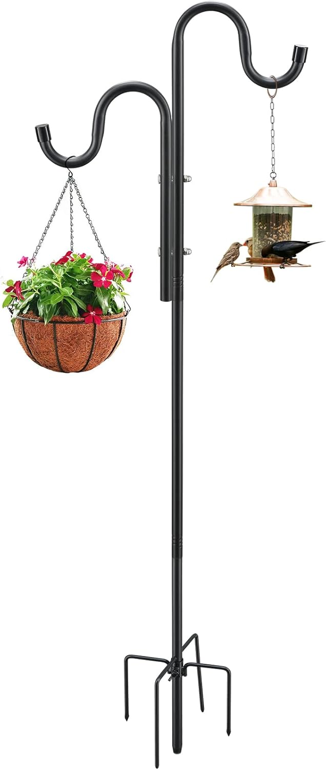 Outdoor Shepherd's Hooks - Double Shepherds Hooks for Outdoor, 92 inches Stainless Steel Bird Feeder Pole Heavy Duty Bird Feeder Stand with 5 Prongs Base for Wedding, Wind Chime, Lanterns, Solar Lights