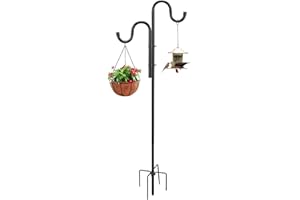 FACTIONGARDEN Double Shepherds Hooks for Outdoor, 46 inches Stainless Steel Bird Feeder Pole Heavy Duty Bird Feeder Stand with 5 Prongs Base for Wedding, Wind Chime, Lanterns, Solar Lights