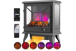 ROVSUN Electric Fireplace Stove, 23''H Freestanding Heater with Realistic Flame Effect, APP & Remote Control, Timer, Adjustable Temp, Overheat & Tip-Over Protection for Bedroom Living Room, 1400W