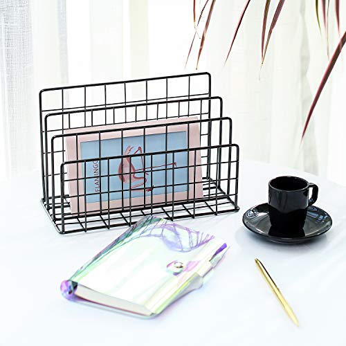 Delifox Mail Sorter - Letter Organizer Metal Desktop File Rack Postcard Holder for Home and Office, Diamond Black