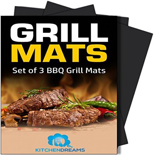 KitchenDreams BBQ Grill Mats (Set of 3) - 15.75 x 13 inch - Best Non-Stick Heavy Duty Cooking Mats for Grilling &amp; Baking - Use on Gas, Electric &amp; Charcoal Grills - BBQ Ebook Included!