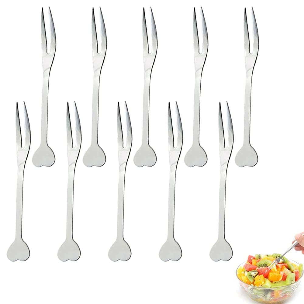 10 Pcs Fruit Forks Mini Stainless Steel Dessert Cake Fork Love Heart Handle Salad Forks Convenient Home Kitchen Accessory for Fruit or Dessert Cakes