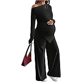 MakeMeChic Women's Maternity Clothes 2 Piece Spring Outfits Asymmetrical Top and Pants Pregnancy Matching Sets Black Large