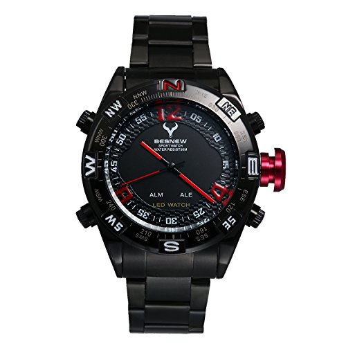 Men's 2 Time Zone Analog-Digital Alarms Date Water Resistant Multi-Function Quartz Sport Watch (Red)