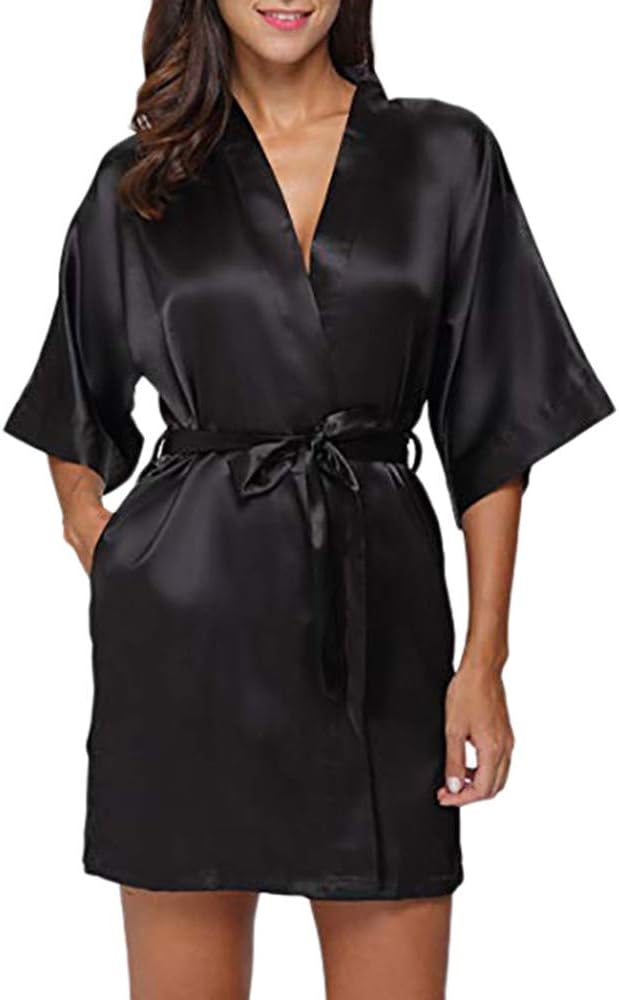 Woman Pajama Jaminy Women's Casual Solid 1/2 Sleeved V-Neck Bandage Pockets Sleepwear Mini Dress