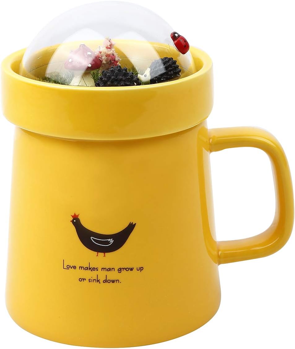 Fecihor Tea Mug with Lid Ceramic Water Coffee Mugs Cute 3D Animal Personalised Cup for Hot Drink Birthday Gift 300ML Yellow