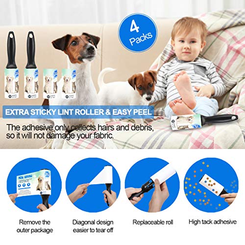 Lint Roller Pet Hair Remover 4 Pack - Extra Sticky Lint Rollers Refill for Clothes, Car Seats, Food Particles and etc.