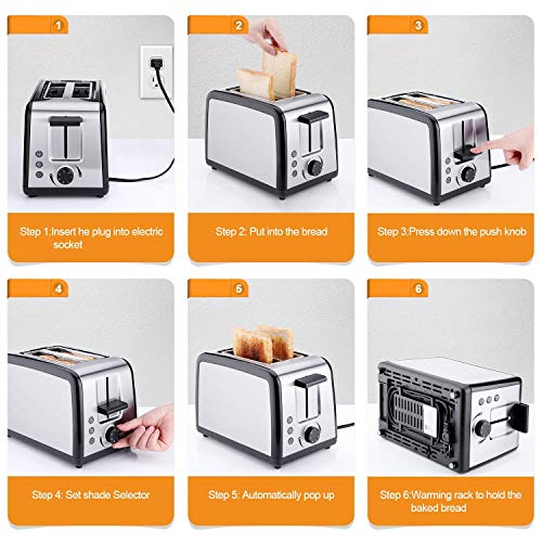 2 Slice Toaster, Compact Brushed Stainless Steel Toasters with Warmer Rack, Defrost Reheat Cancel Button with 7 Browning Settings and Removable Crumb Tray