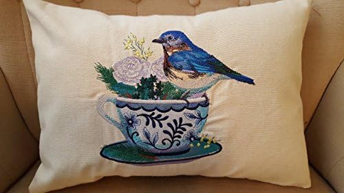 Machine Embroidery Pillow Blue Bird and Cozy Coffee