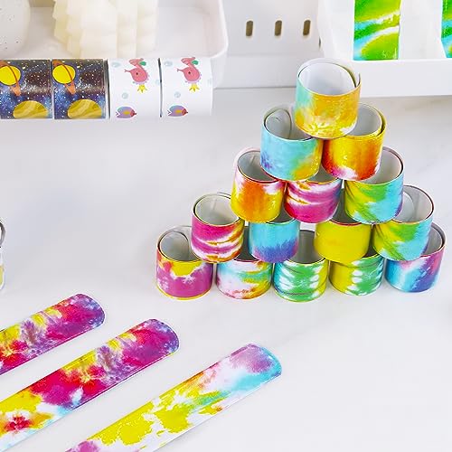 Shindel 96PCS Slap Bracelets Bulk, Kids Slap Wristbands Snap Bracelets Tie Dye Dinosaurs Mermaid Emotions for Party Favors Classroom Prizes Kids Birthday