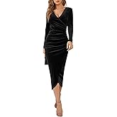 Elegant Velvet Dress for Women Wrap V Neck Long Sleeve Split Bodycon Ruched Cocktail Party Maxi Dress