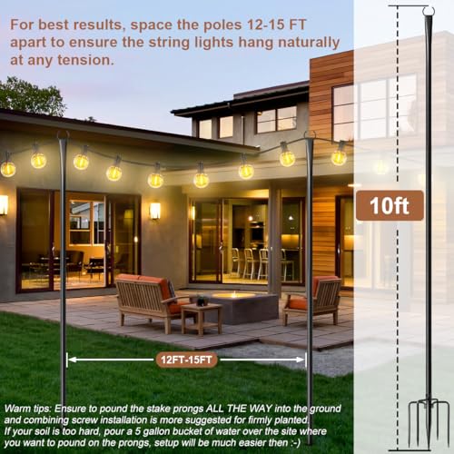 6 Pack String Light Poles for Outside, Upgraded Heavy-Duty Metal Poles for Outdoor String Lights with Fork, Adjustable Lighting Hanging Accessories for Patio Decor Pergola Backyard Garden Decorations