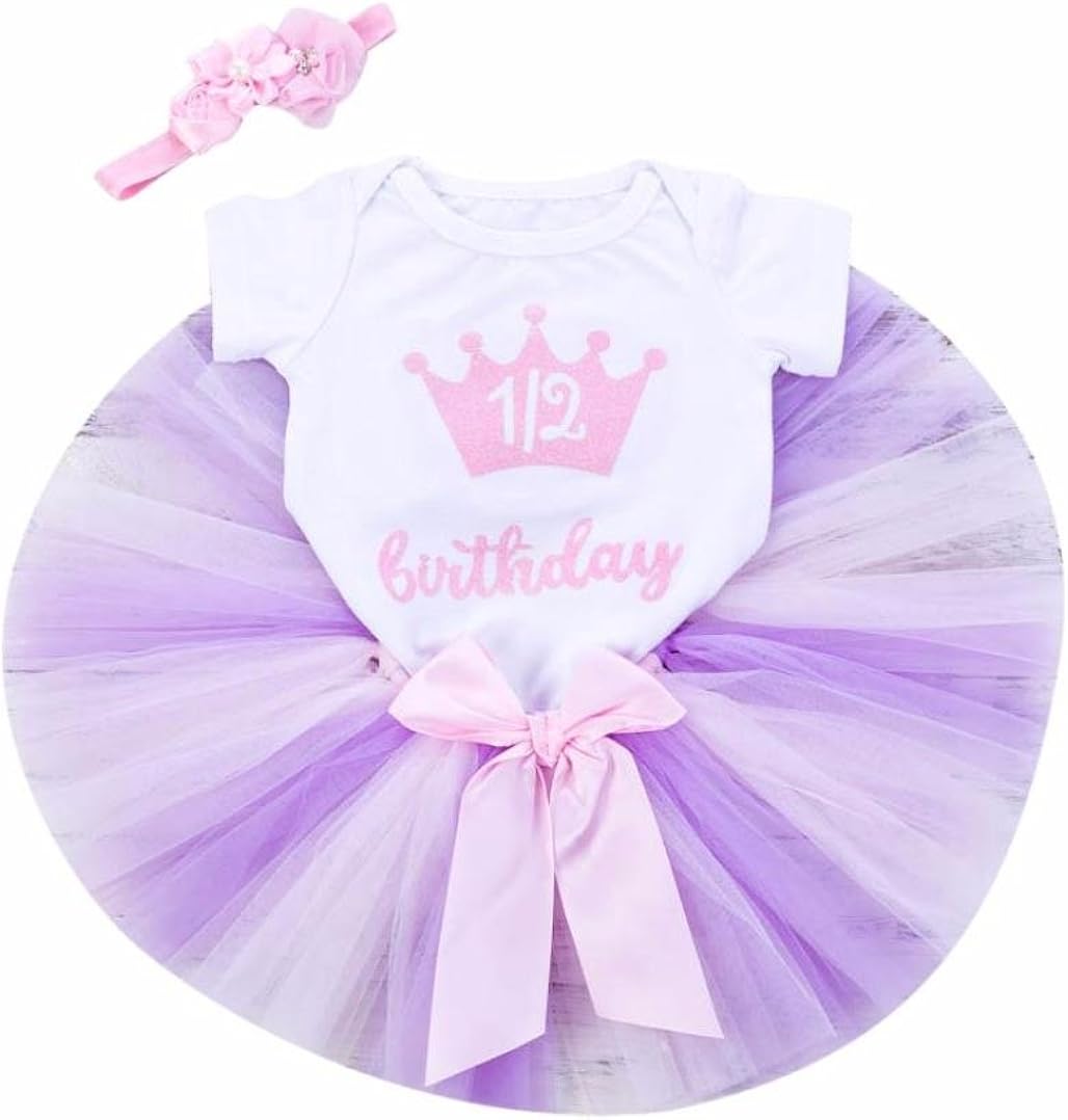 LNGRY 3Pcs Infant Baby Girls Birthday Outfits Tutu Skirts+Jumpsuit+Headband Set (Purple(1/2 Birthday), 0-3 Months)