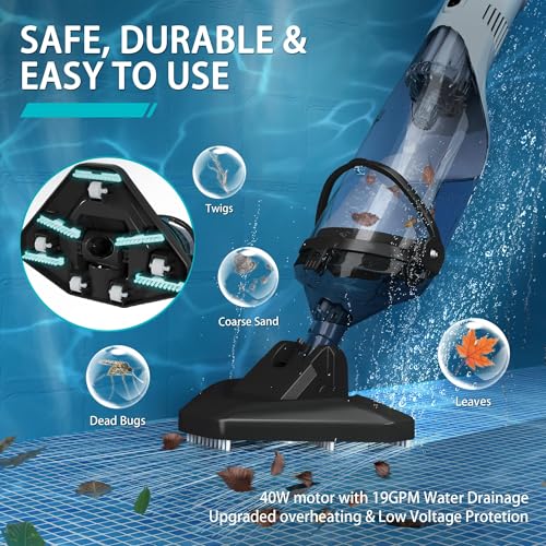 Cordless Pool Vacuum for Above Ground, Handheld Pool Spa Vacuum Cleaner for Inground Pools Hot Tub, Rechargeable, 60" Extendable Pole, up to 19.5 GPM for Shallow Steps, Leaves, Debris（Light Black）