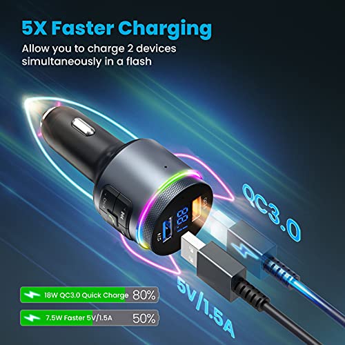 Upgraded Bluetooth FM Transmitter for Car, VT Auto-Tune Bluetooth Car Adapter, 2 Microphones & QC3.0 Bluetooth Radio for Car/Music Player/Car Kit with Big Knob Button, 9 Colors LED Backlit