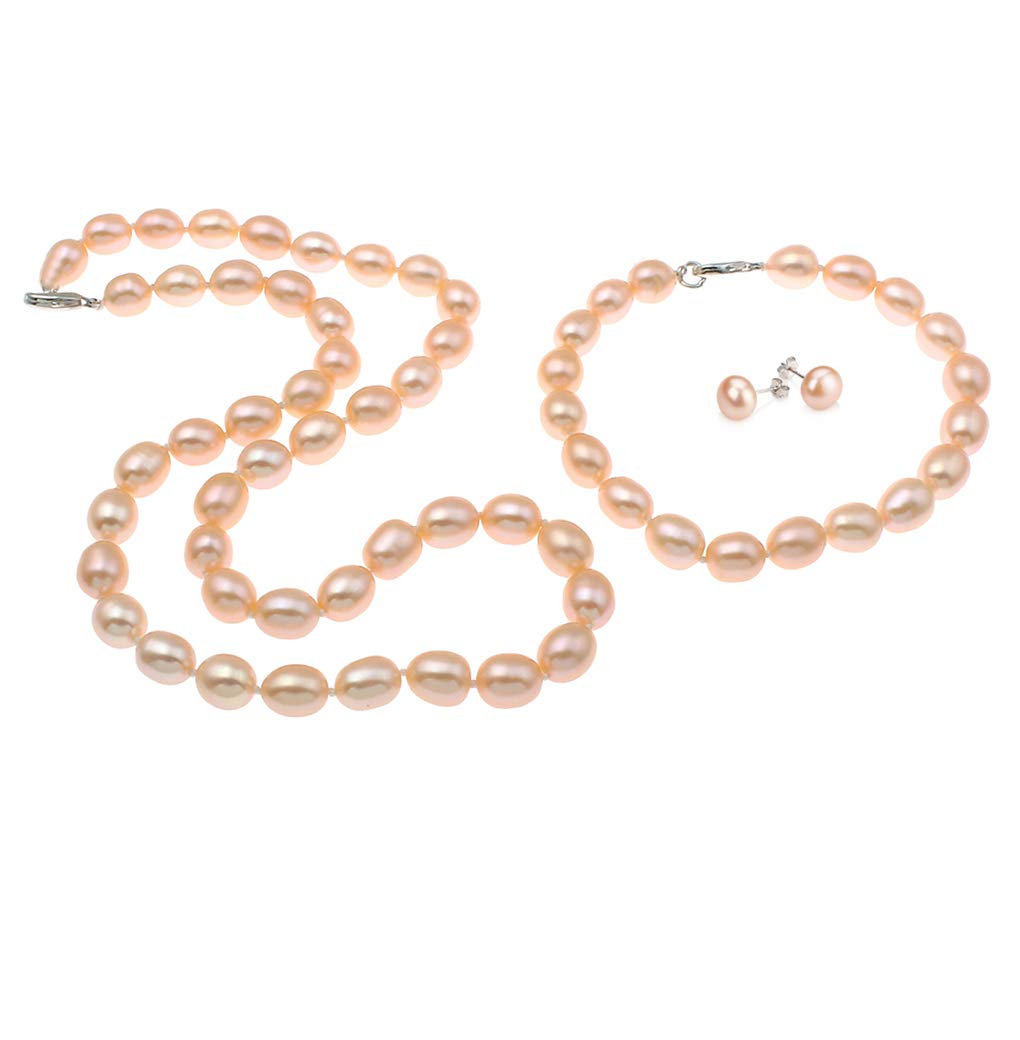 Treasure Bay FAB Elegant 7-8mm Rice Shape Freshwater Pearl Necklace Bracelet and Earring Jewellery Set for women and Girls (Pink)