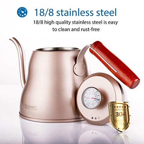SULIVES 1.2L/40oz Stainless Steel with Built-in Thermometer Pour Over Coffee Kettle, Gold - Thumbnail 3