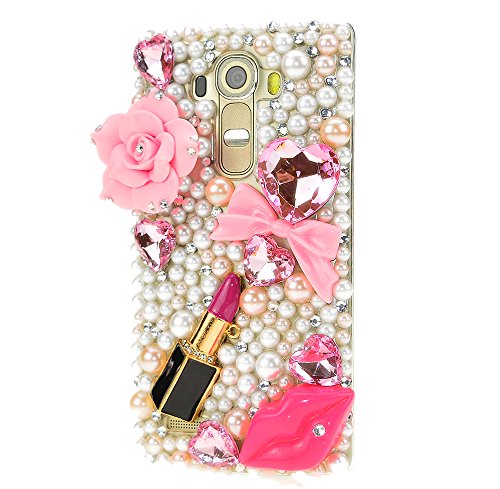 STENES LG Aristo Case - 3D Handmade Luxurious Crystal Sparkle Diamond Rhinestone Clear Cover for LG LV3/Aristo/V3/MS210 Retro Bowknot Anti Dust Plug - Big Rose Flowers Sexy Lips Lipstick/Pink