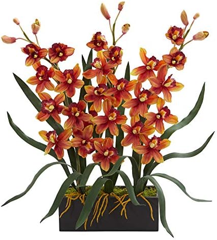 Nearly Natural Cymbidium Orchid Artificial Black Vase Silk Arrangements Burgundy