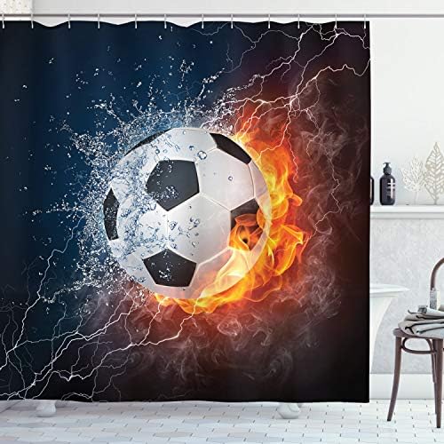 Ambesonne Sports activities Bathe Curtain, Soccer Ball and Water Splashing Thunder Strike Summary Idea Artwork Design, Material Material Lavatory Decor Set with Hooks, 70″ Lengthy, Multicolor