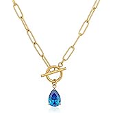 TaYolnFaSo Paperclip Toggle Necklace 18K Gold Plating 8 * 10mm Teardrop Cut CZ Birthstone Pendant Paper Clip Chain Necklace Gemstone Crystal Jewelry Gift for Women