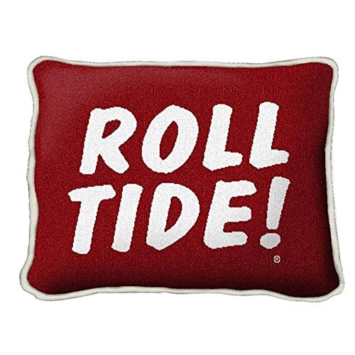 University Of Alabama Roll Tide Pillow. 13 inches wide by 10 inches tall, and is woven from 100% cotton.