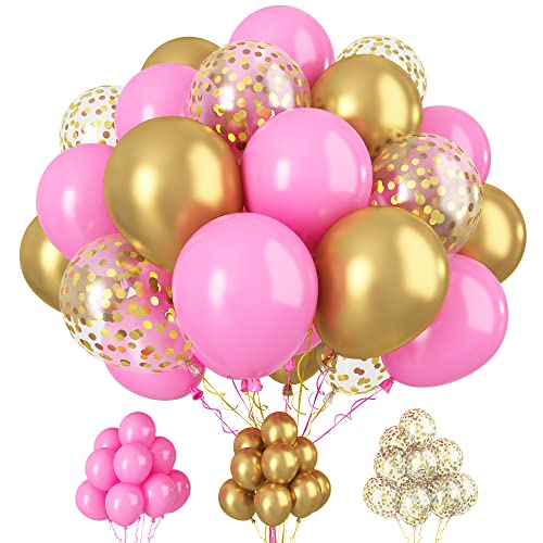 Paready Pink and Gold Latex Balloons, 30 Pcs 12 Inch Metallic Gold Confetti Balloons with Ribbons for Birthday Party Baby Shower Engagement Anniversary Wedding Bridal Shower Graduation Decoration