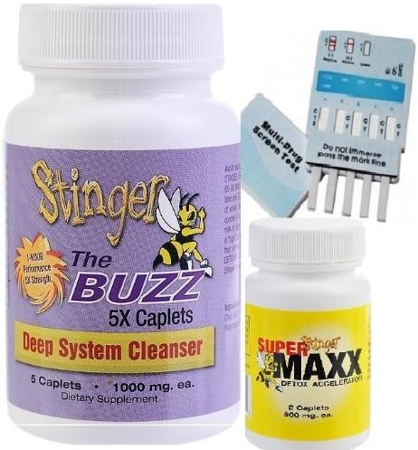 1 Bottle (5 Caplets) Stinger The Buzz 5x Strength 1 Hour Total Detox Flush w/ 1 free 6 Panel drug tests (mAMP/THC/OXY/COC/OPI/BZO) by Guardian Pharmaceuticals