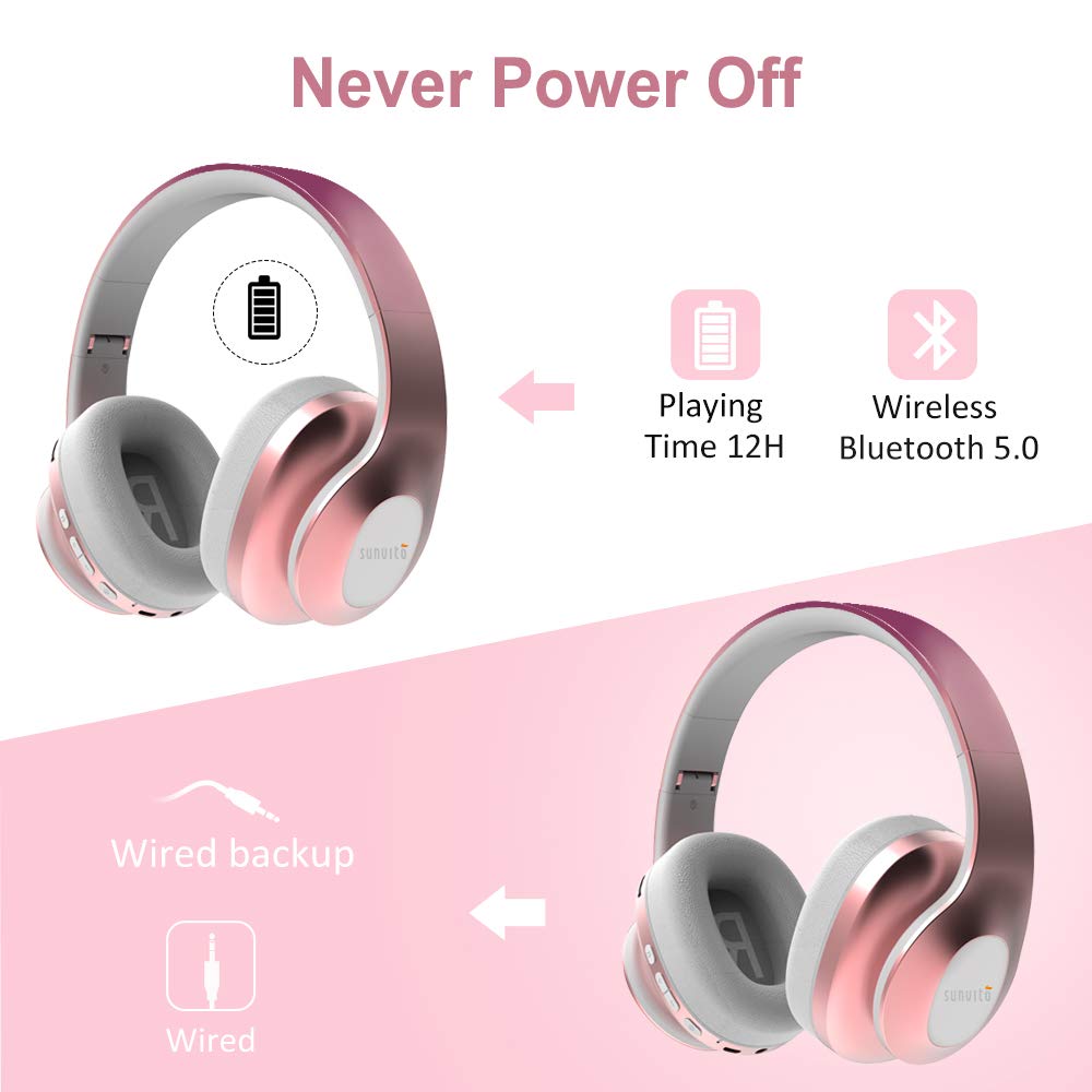 Cuffie Bluetooth 5.0 Senza Fili, Sunvito Pieghevole Auricolari con Mic, Lettore MP3, Radio FM, Wireless e Cuffie Cablate, Christmas Regalo Cuffie Over Ear (Oro Rosa)