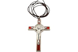 VENERARE St. Benedict Crucifix with Round St. Benedict Medal Inlay | 3" Silver-Tone and Red Enamel Cross with Cord and Booklet | Patron Saint of Students and Europe | Made in Italy