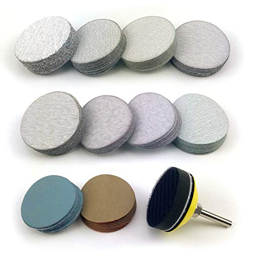 POLIWELL 2 Inch Sanding Discs Aluminum Oxide White Dry Hook and Loop 60 120 180 240 600 800 1000 5000 and 10000 Grit Set with 1/4 inch Shank Sanding Pad+ 2" Soft Buffer Pad , 100-Disc (Assortment)
