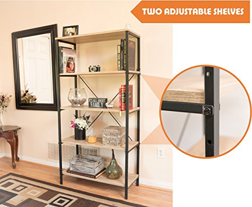 Industrial Bookshelf | 5 Tier Vintage & Rustic Style Open Etagere | 2 Height Adjustable Shelves | Multipurpose Free Standing Shelving Unit for Home & Office | Distressed Antique Finish, Brown