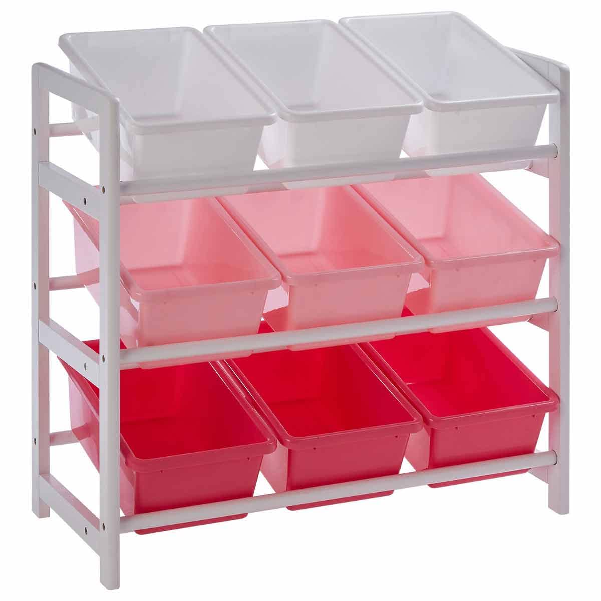 Premier Housewares 3 Tier Storage Unit, 9 Plastic Bins, White/Pink, Pine Wood