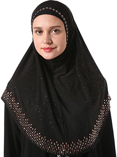 YI HENG MEI Women s Modest Muslim Rhinestones Instant Hijab Jersey Headscarf Ready to Wear Hijab,Black