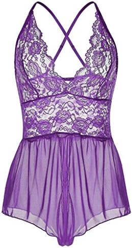 Vilania Women Sexy Lingerie Lady Lace Babydoll Chemise Bow Teddy Pajamas Pant Dress Purple Sleepwear Miniskirt,TXZ9034-Purple-S