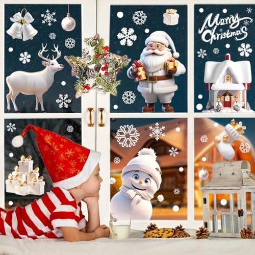 QRTDXP 9 Sheets Christmas Window Stickers for Xmas Party Decoration,White Reindeer Snowman Santa Claus Christmas Stereoscopic Window Clings for Window Door Display（Double-Side）