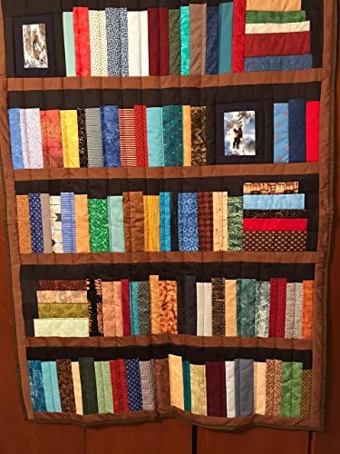 5 shelf Bookcase quilt with pictures of two climbers, library quilt, Bookshelf Quilt, Book Shelves, book lovers quilt, wall hanging, lap quilt, 40" x 55"