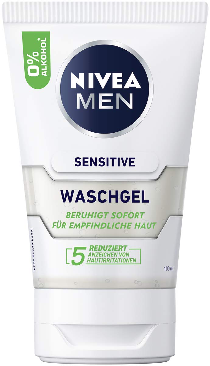 NIVEA MEN Sensitive Wash Gel (100 ml), Soap Free Cleansing Gel with Chamomile and Vitamin E for Sensitive Men’s Skin, Soothing Facial Cleansing with 0% Alcohol