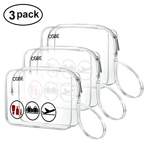 3-PACK TSA-Approved Clear Travel Toiletry Bag With Handle Strap, CGBE Airline Kit 3-1-1 Clear Liquids Toiletries & Cosmetics Make Up Organizer Carry-On Luggage Pouch for Women and Men