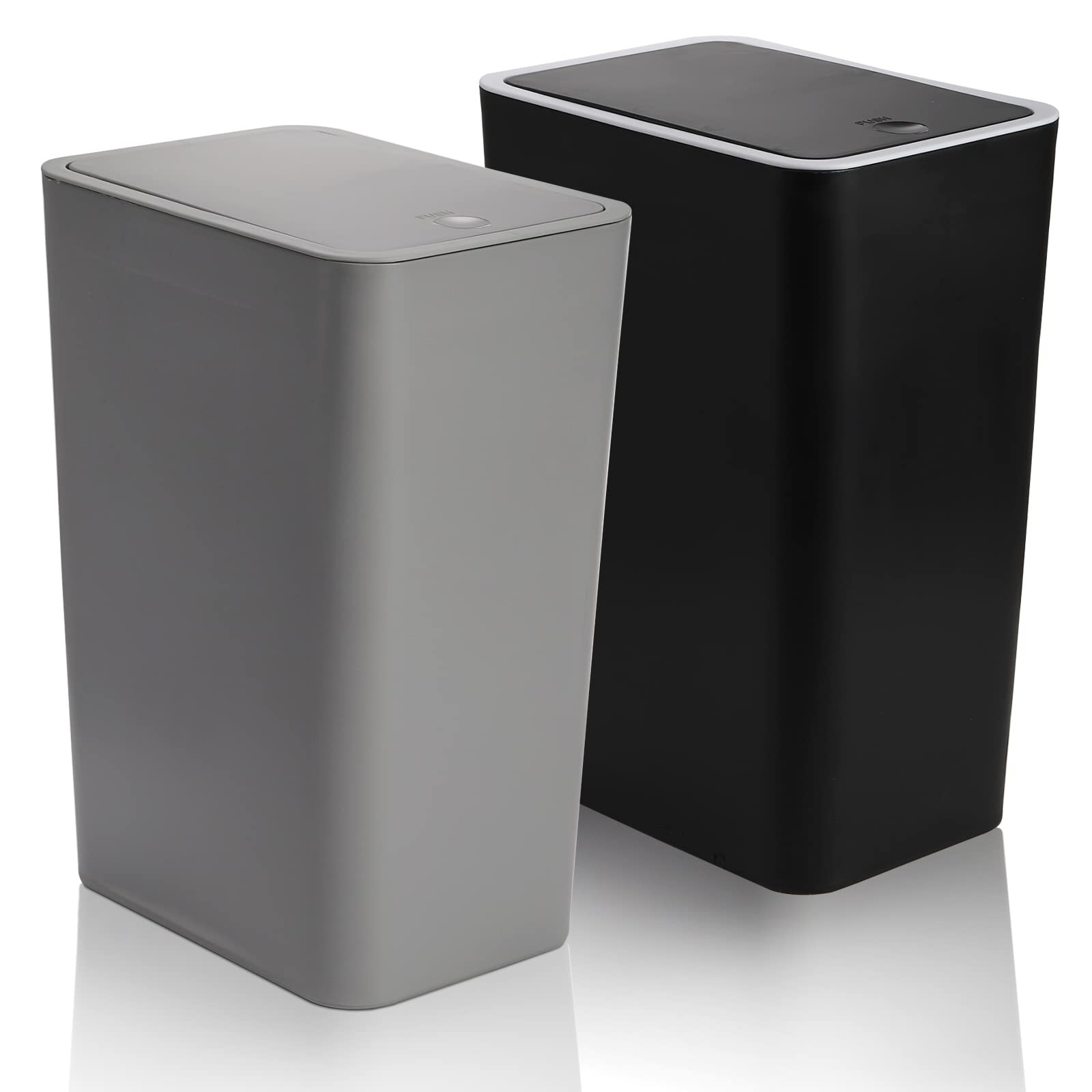 Photo 1 of Fasmov Trash Can, 2 Pack 15 Liter / 4 Gallon Plastic Garbage Container Bin with Press Top Lid, Waste Basket for Kitchen, Bathroom, Living Room, Office, Narrow Place (Gray + Black)