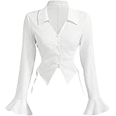 MakeMeChic Women's Flared Sleeve Tie Side Ruched Shirt Button Down Blouses Office Outfit