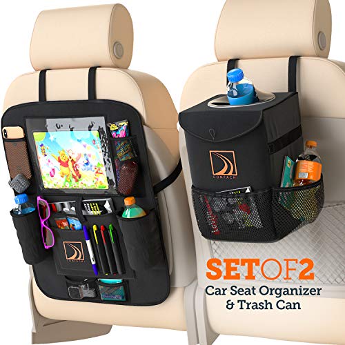 Confachi Backseat Organizer and Car Trash Can Bundle of Car Garbage Can with Lid and Car Seat Organizer for Kids with Ipad Holder and Cup Holder and Extra Car Storage Pockets ( Black)