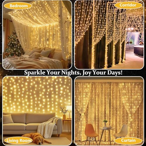 Joycome 2 x 6 x 3 m 600 LED String Light Curtain, Mains Powered, 8 Modes String Lights for Interior, Outdoor, Wall, Bedroom, Balcony, Wedding Decoration – Warm White